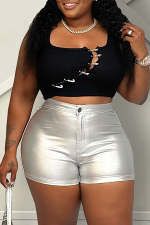 Black Sexy Street Solid Hollowed Out Patchwork U Neck Tops