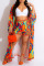 Tangerine Red Casual Print Patchwork Cardigan Collar Three Quarter Two Pieces