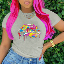 Grey Casual Street Lips Printed Patchwork O Neck T-Shirts