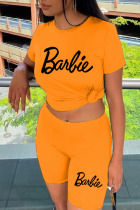 Orange Casual Letter Patchwork O Neck Short Sleeve Two Pieces