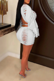 White Sexy Solid Draw String O Neck Long Sleeve Two Pieces