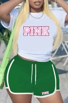 Green Casual Sportswear Print Letter O Neck Short Sleeve Two Pieces