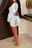 White Sexy Solid Draw String O Neck Long Sleeve Two Pieces