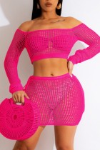 Rose Red Sexy Solid Hollowed Out See-through Off the Shoulder Long Sleeve Two Pieces