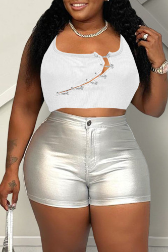 White Sexy Street Solid Hollowed Out Patchwork U Neck Tops