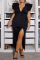 Black Sexy Party Formal Solid Fold V Neck One Step Skirt Dresses