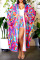 Tangerine Red Casual Print Patchwork Cardigan Collar Three Quarter Two Pieces