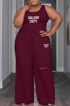 Burgundy Casual Print Ripped Letter U Neck Sleeveless Two Pieces