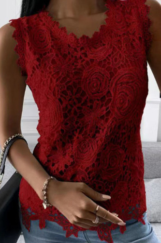Burgundy Casual Street Solid Patchwork O Neck Tops