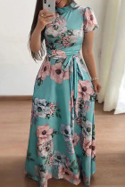 Cyan Green Casual Print Patchwork Half A Turtleneck Straight Dresses