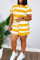Yellow Casual Striped Print Patchwork O Neck Short Sleeve Two Pieces