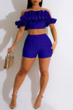 Colorful Blue Sexy Solid Patchwork Fold Off the Shoulder Short Sleeve Two Pieces