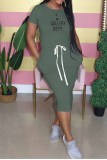 Fuchsia Casual Print Letter O Neck One Step Skirt Dresses