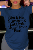 Navy Blue Street Print Patchwork Letter O Neck T-Shirts
