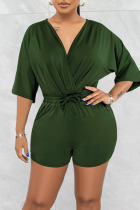 Army Green Casual Solid Patchwork V Neck Straight Jumpsuits