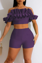 Purple Sexy Solid Patchwork Fold Off the Shoulder Short Sleeve Two Pieces