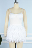 White Sexy Solid Patchwork Feathers Strapless Sleeveless Two Pieces