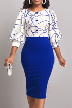 Blue Casual Work Print Patchwork O Neck Dresses
