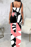Pink Casual Print Patchwork Asymmetrical Collar Straight Jumpsuits