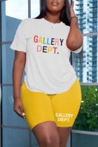 Yellow White Casual Letter Print Basic O Neck Short Sleeve Two Pieces