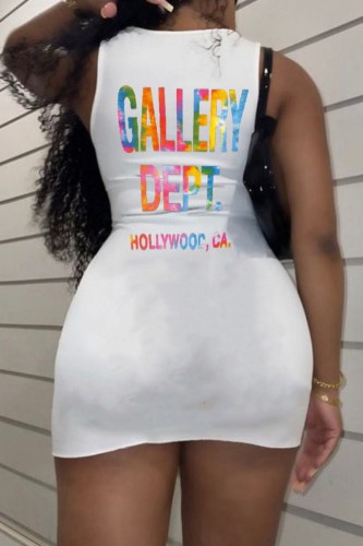 White Casual Letter Print Basic O Neck Vest Dress Dresses