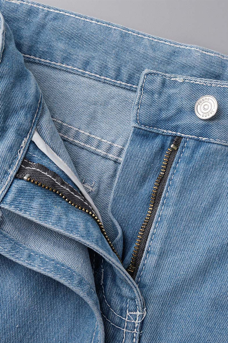 Casual Solid Split Joint Mid Waist Skinny Denim Shorts