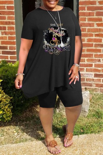 Black Casual Print Basic O Neck Plus Size Two Pieces