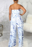 Pink Sexy Print Patchwork Strapless Straight Jumpsuits(With A Belt)