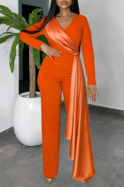 Tangerine Red Casual Elegant Solid Patchwork V Neck Straight Jumpsuits