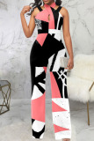 Pink Casual Print Patchwork Asymmetrical Collar Straight Jumpsuits