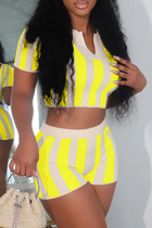 Yellow Sexy Striped Backless V Neck Short Sleeve Two Pieces