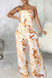 Yellow Sexy Print Patchwork Strapless Straight Jumpsuits(With A Belt)