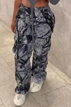 Grey Casual Print Patchwork Regular High Waist Conventional Full Print Trousers