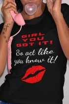 Black Casual Lips Printed Patchwork Letter O Neck T-Shirts