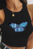 White Casual Butterfly Print Basic O Neck Tops