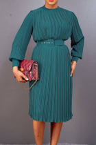 Green Casual Solid Patchwork Fold With Belt O Neck Straight Dresses