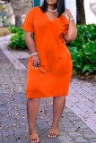 Orange Fashion Casual Solid Basic V Neck Short Sleeve Dress