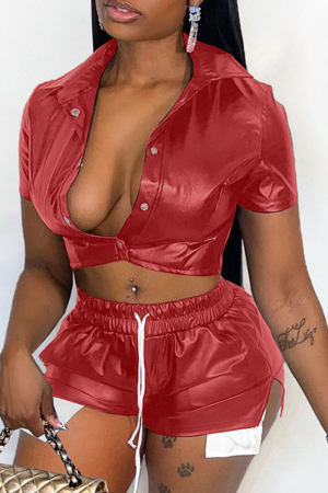 Red Sexy Solid Draw String Turndown Collar Short Sleeve Two Pieces
