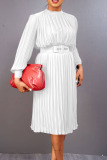White Casual Solid Patchwork Fold With Belt O Neck Straight Dresses