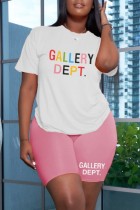Powder White Casual Letter Print Basic O Neck Short Sleeve Two Pieces