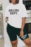 Powder White Casual Letter Print Basic O Neck Short Sleeve Two Pieces