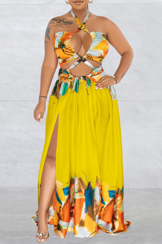 Yellow Sexy Print Bandage Backless Slit Halter Long Dress Dresses