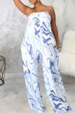 Blue Sexy Print Patchwork Strapless Straight Jumpsuits(With A Belt)