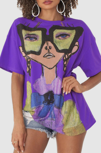 Purplish Blue Casual Street Print Patchwork Hot Drill O Neck T-Shirts