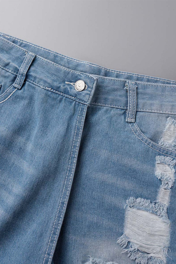 Fashion Street Patchwork Ripped Mid Waist Straight Denim Shorts