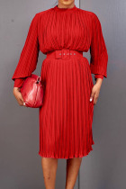 Red Casual Solid Patchwork Fold With Belt O Neck Straight Dresses