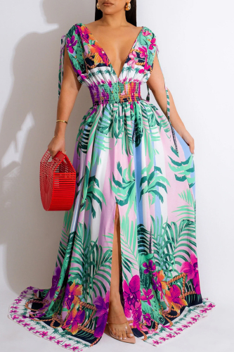 Purple Casual Print Patchwork Backless Slit V Neck One Step Skirt Dresses