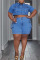 Blue Casual Solid Patchwork Buckle Turndown Collar Plus Size Two Pieces