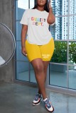 Yellow White Casual Letter Print Basic O Neck Short Sleeve Two Pieces
