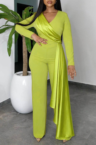 Green Casual Elegant Solid Patchwork V Neck Straight Jumpsuits
